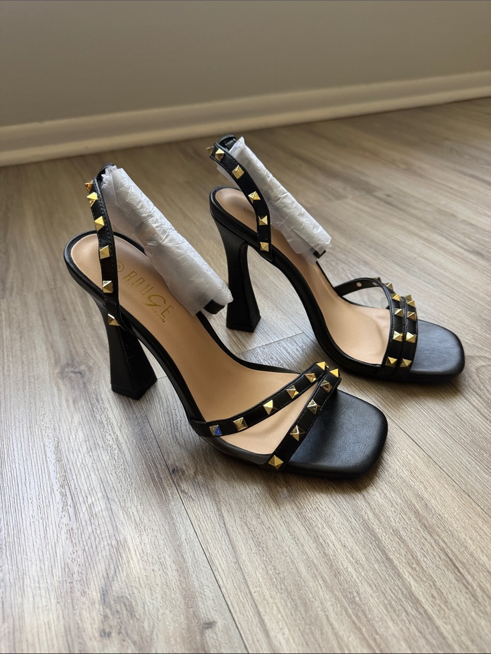 Rainbow Black Leather Studded Slingback Heels